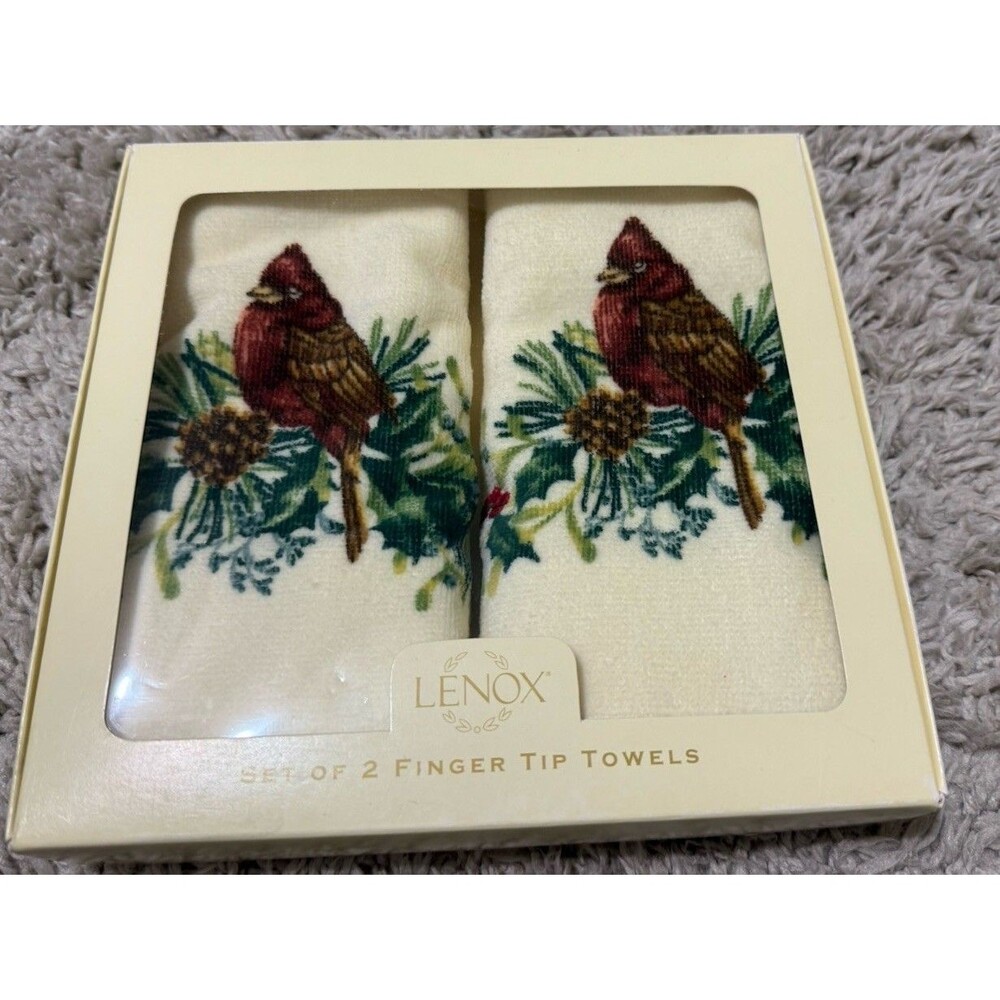 LENOX Bath Finger Tip Towel Set of 2 WINTER GREETINGS Holiday Chickadees NEW